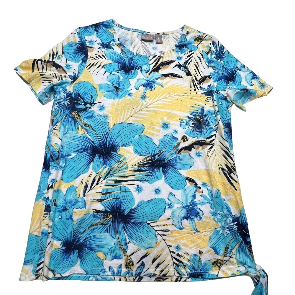 Chico's Top Knit Pullover Size 2 US Tropical Floral Stretch Soft Side Tie